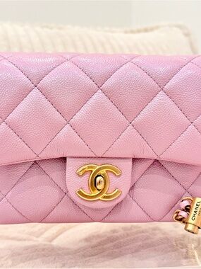 CHANEL Pink Quilted Mini Flap Bag with Gold CC Lock
